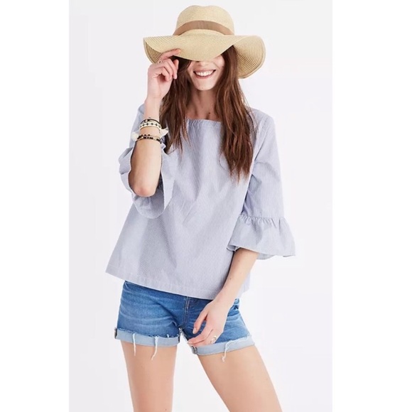Madewell White and Blue Pinstripe Bell Sleeve Poplin Blouse Small 100% Cotton - Picture 1 of 5
